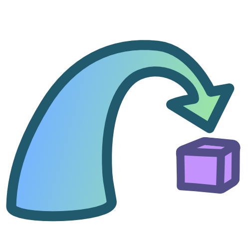 An arrow travels in an arc to points at a small purple cube. The arrow starts wide and becomes narrow, it also has a blue to green gradient. This gives the effect of the arrow being near but then traveling away to point at a purple cube off in the distance